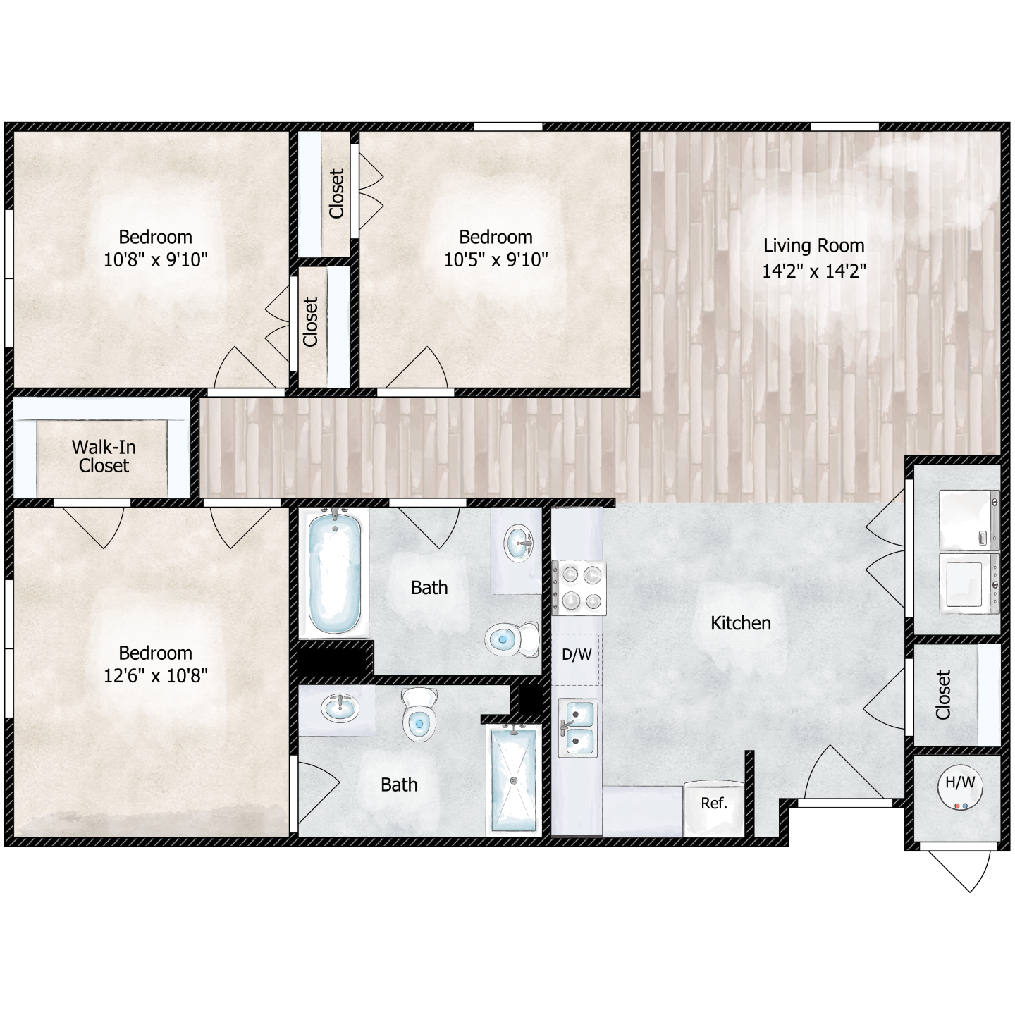 Floor plan for 3 beds, 2 baths, 1036 sqft